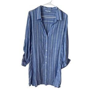 Blue Island Striped Button Down Duster Cardigan Light Blue White 1X Rayon